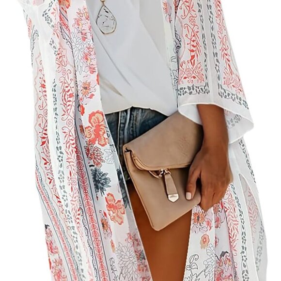 Women's Summer Long Flowy Kimono Cardigans Boho Chiffon Beach Cover Up Tops - Picture 2 of 5